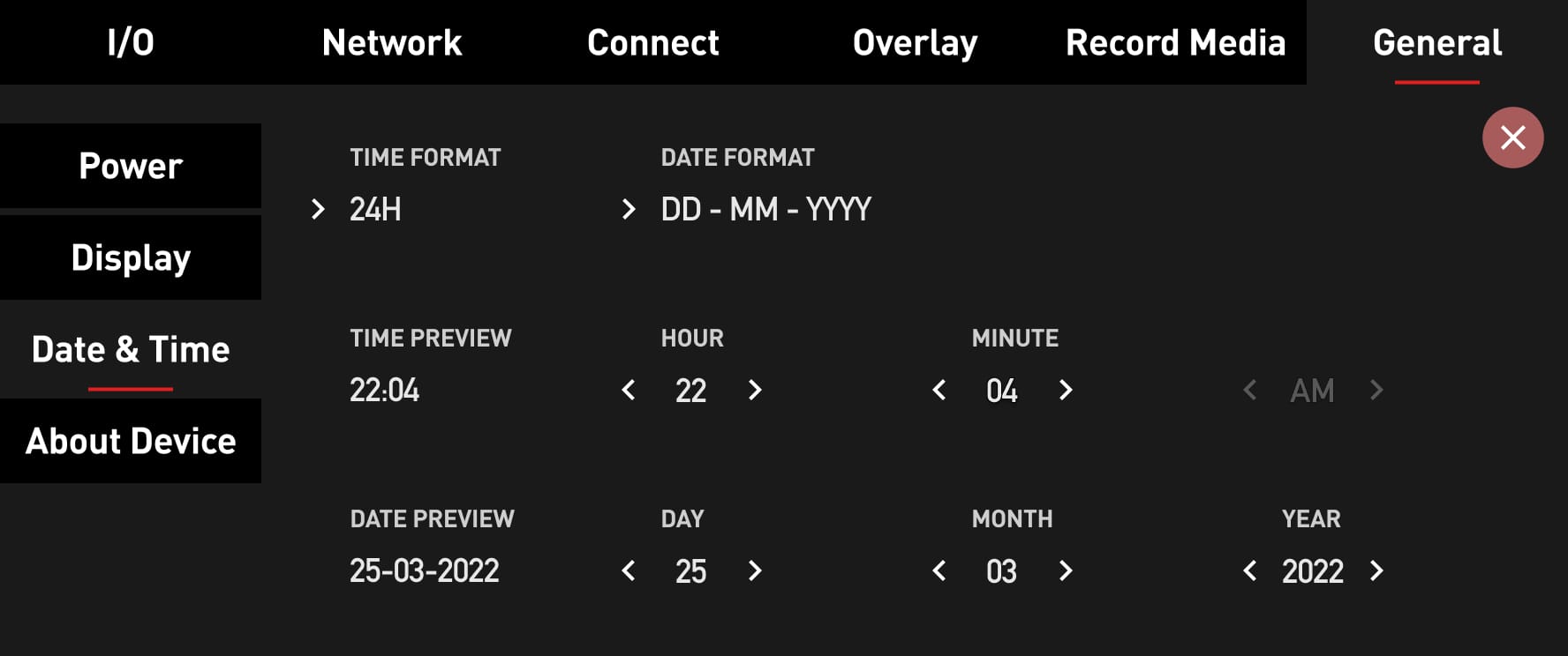 General Tab Power Display Date Time About Device Support Atomos